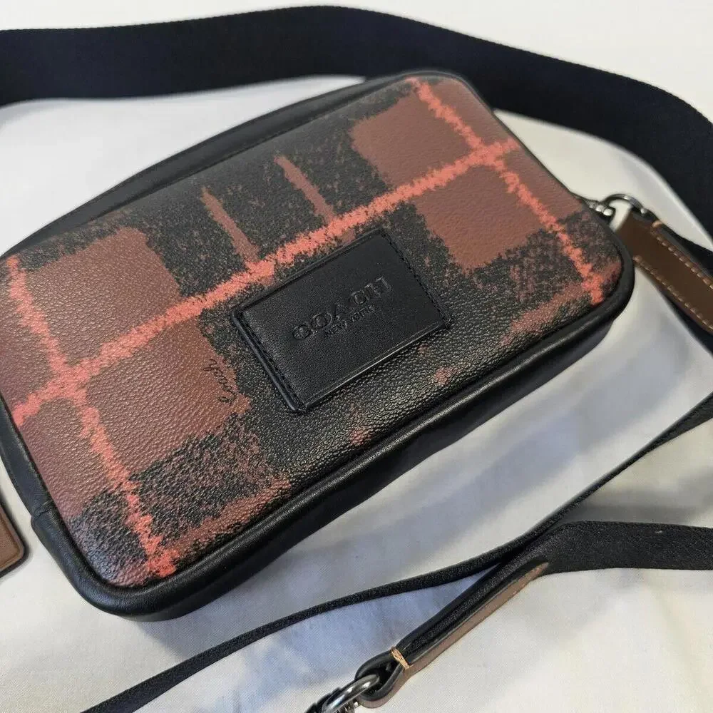 New COACH Carrier Phone Crossbody With Window Pane Plaid Print Black Brown - Picture 5 of 8